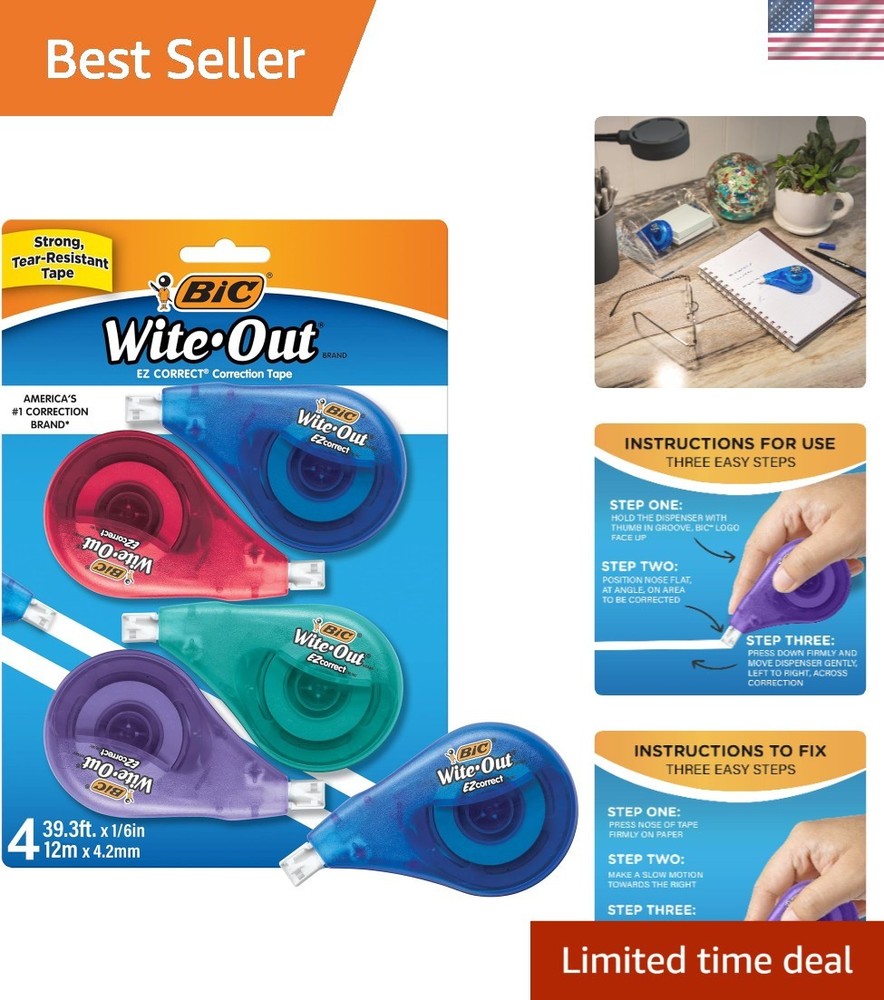 Quick Dry BIC EZ Correct Correction Tape – 4 Count, Perfect for Home & Office