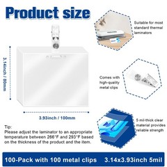 100 PCS 3x4in GovernmentSize ID Card Laminating Pouches Badges 100 Clips