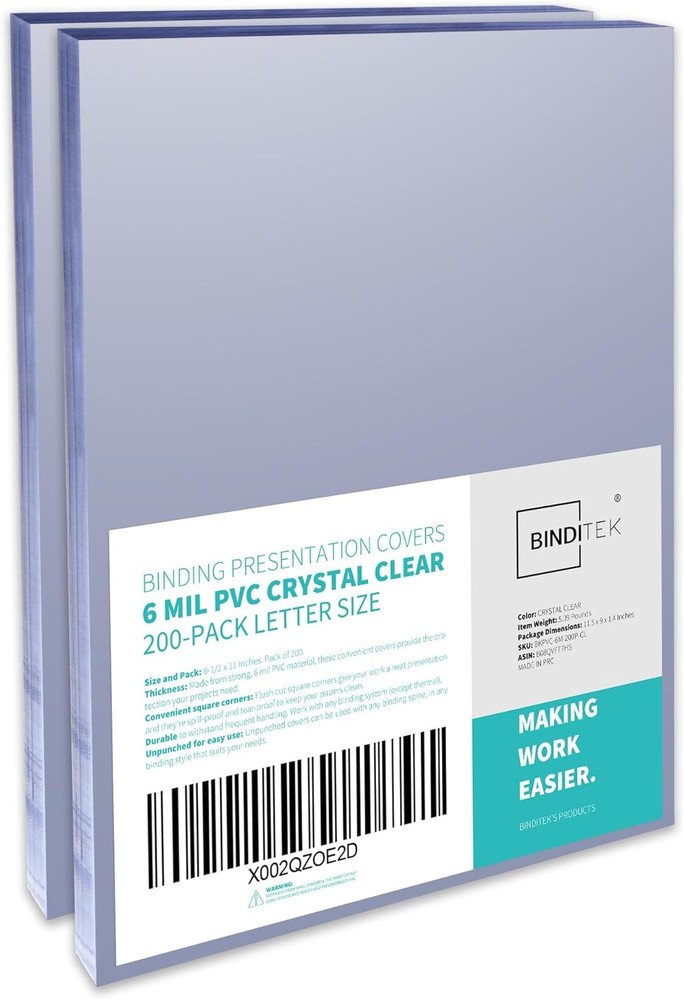200 Pack 6 Mil PVC Clear Binding Covers, 8.5 X 11 In, Letter Size, Squa