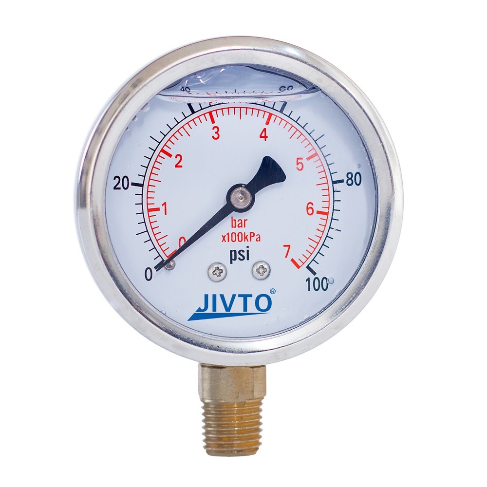 Pressure Gauge,Glycerin Filled,2-1/2″ Dia,0-100 PSI,1/4 NPT Lower Mount