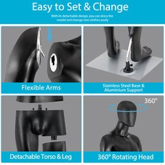 Male Mannequin Dress Form 73″ Adjustable Mannequin Full Body Stand w/Base Black