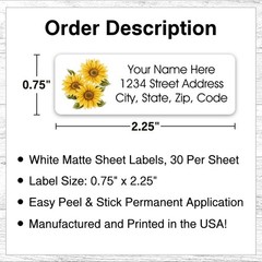 60 Return Address Labels Personalized Printed 3/4 x 2 1/4 Sunflowers