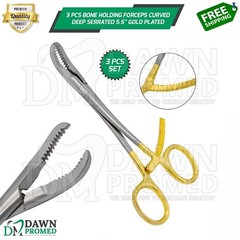 3 Pcs Bone Holding Forceps Curved Serrated 5.5″ Gold Plated Instrument German Gr