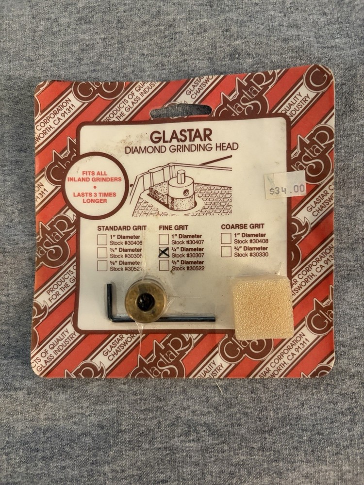 GLASTAR Specialty Diamond Grinding Head Fine Grit ¾” Diameter #30307 New In Pkg