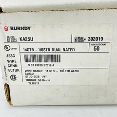 Box of 50 Burndy KA25U 14STR-1/0STR Aluminum Terminal Lugs 1/4” Stud ~NEW~