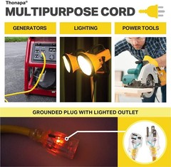 Thonapa 15 Ft Lighted Outdoor Extension Cord – 12/3 Heavy Duty, Yellow- 3 Prong