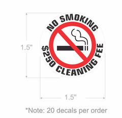 20 – NO SMOKING $250 CLEANING FEE sticker | white | 1.5″ dia | outdoor durable