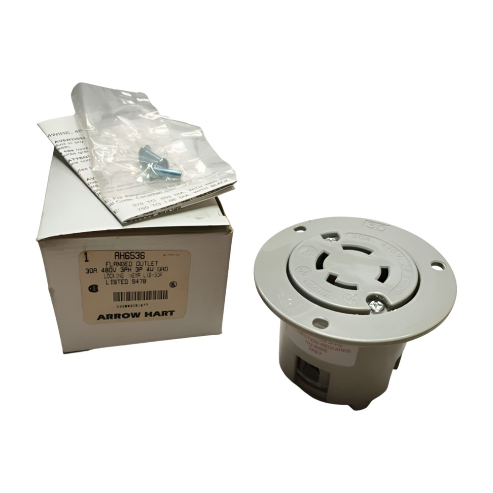 Arrow Hart AH6536 Flanged Outlet, 30A, 480V, 3PH, 3-Pole, 4-Wire, NEMA L16-30R
