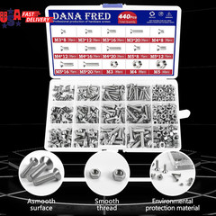 440 Pieces Flat Hex Socket Head Cap Screws Kit 304 Stainless Steel M3 M4 M5 Metr