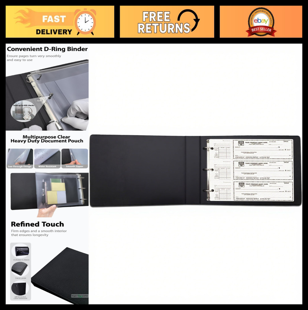 Compact 3-Ring Check Binder for Deskbook Checks, Vegan Leather Cover, 9″x11.25