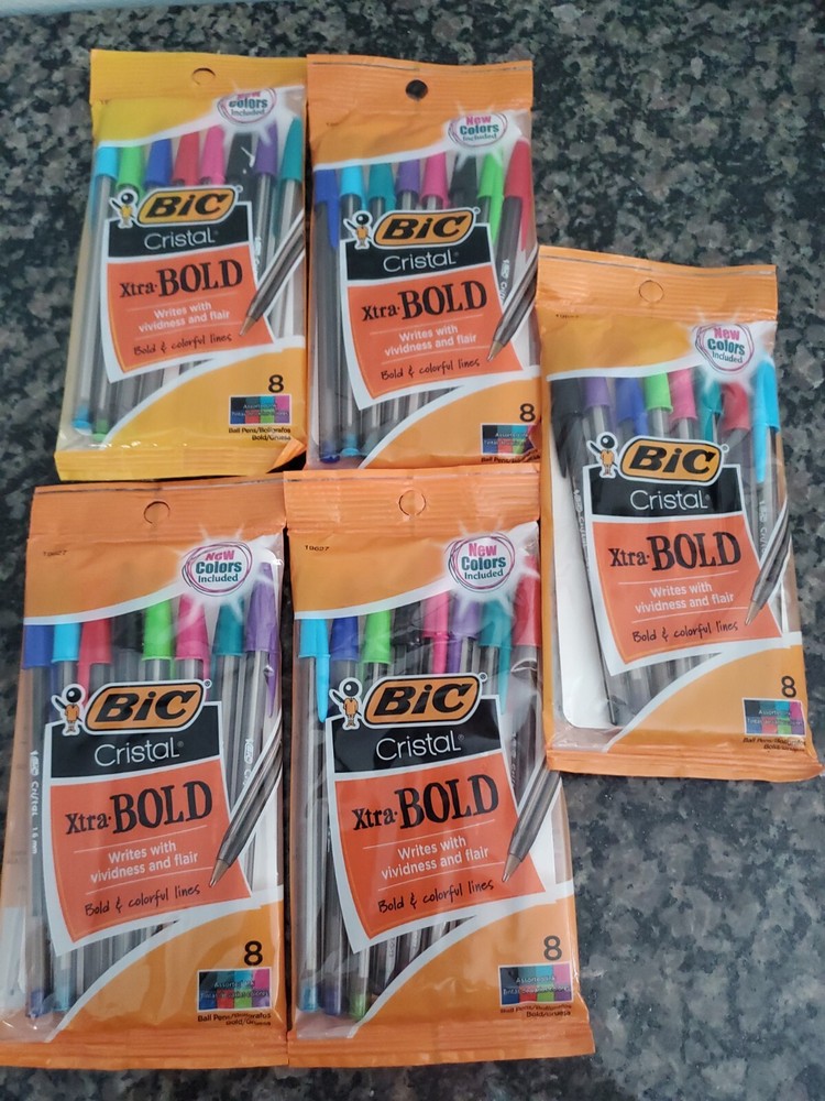 5 Packs of 8 Bic Cristal Xtra-Bold Ball Point Pen, Assorted Ink Bold W7E 4785