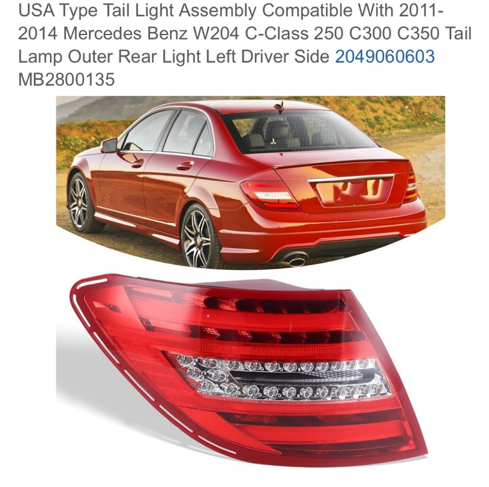 Left Driver Side Tail Light for 2011-2014 Mercedes Benz W204 C-Class