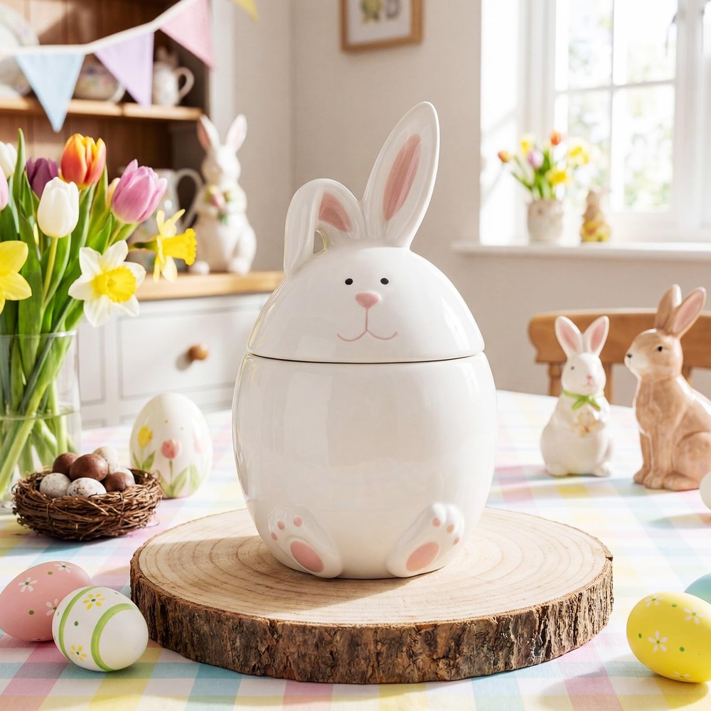 Gandeer Easter Bunny Ceramic about 20 x 15 cm/ 7.8 x 5.9 inches, white, pink