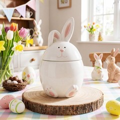 Gandeer Easter Bunny Ceramic about 20 x 15 cm/ 7.8 x 5.9 inches, white, pink