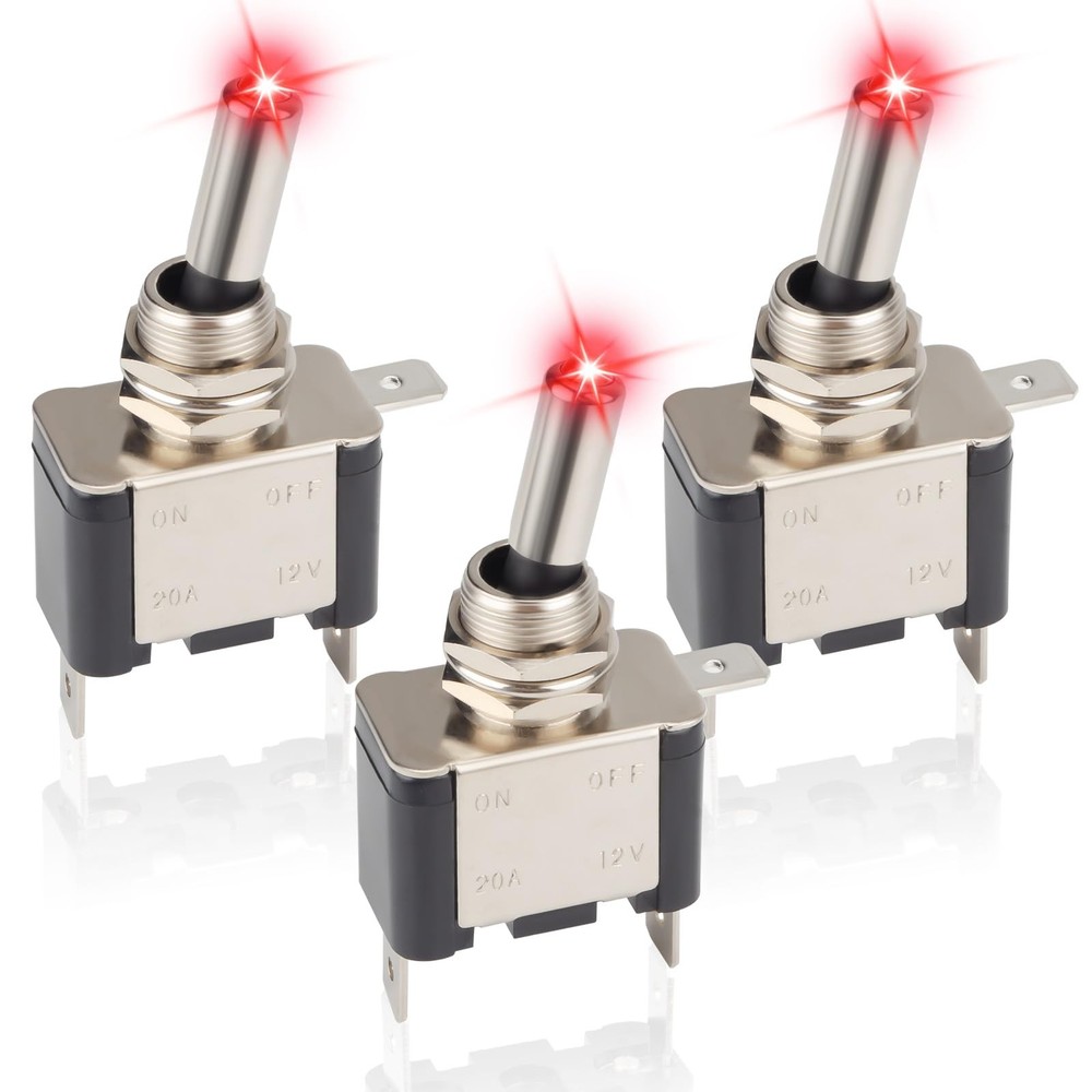 3 PCS LED Lighted Rocker Toggle Switch, 12V SPST 3 Pin 2 Position ON/Off Rocker