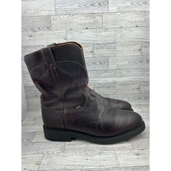 Justin Dark Brown Leather Work Boots Pull On Roper Round Toe Oil Resist Men 12D
