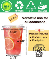 25 Sets Disposable Cup Plastic Iced Coffee 16oz Cups to Go with Sip Through Lids