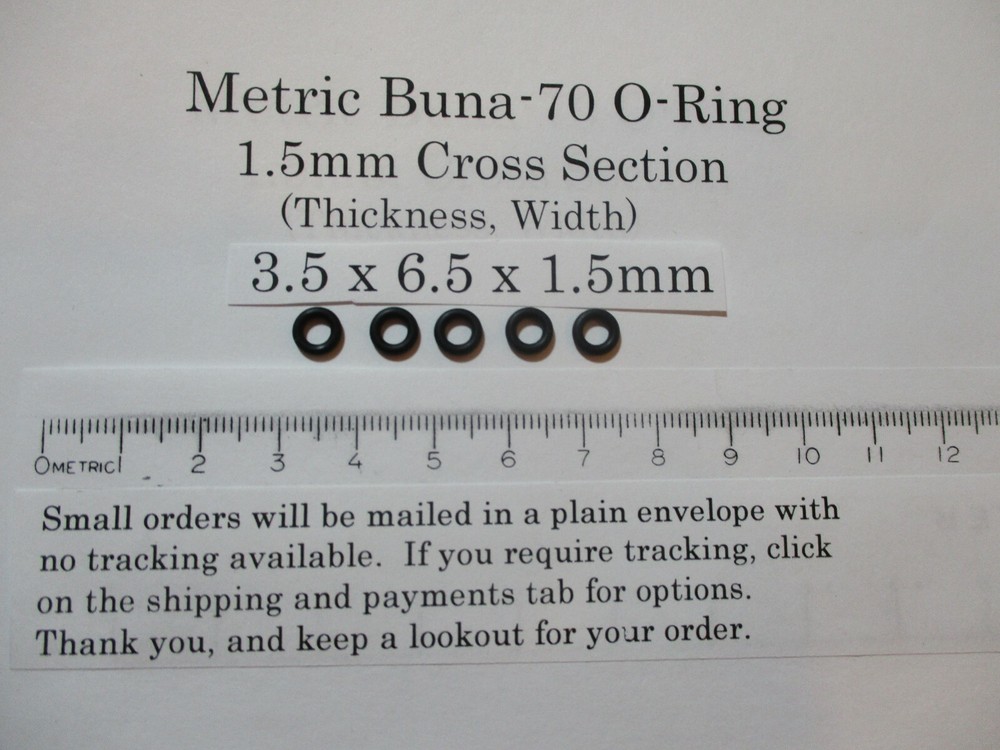 3.5mm ID x 6.5mm OD x 1.5mm thick O-ring. JIS S4 Buna-70. Quan 5..