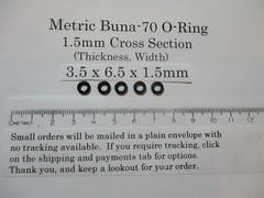 3.5mm ID x 6.5mm OD x 1.5mm thick O-ring. JIS S4 Buna-70. Quan 5..