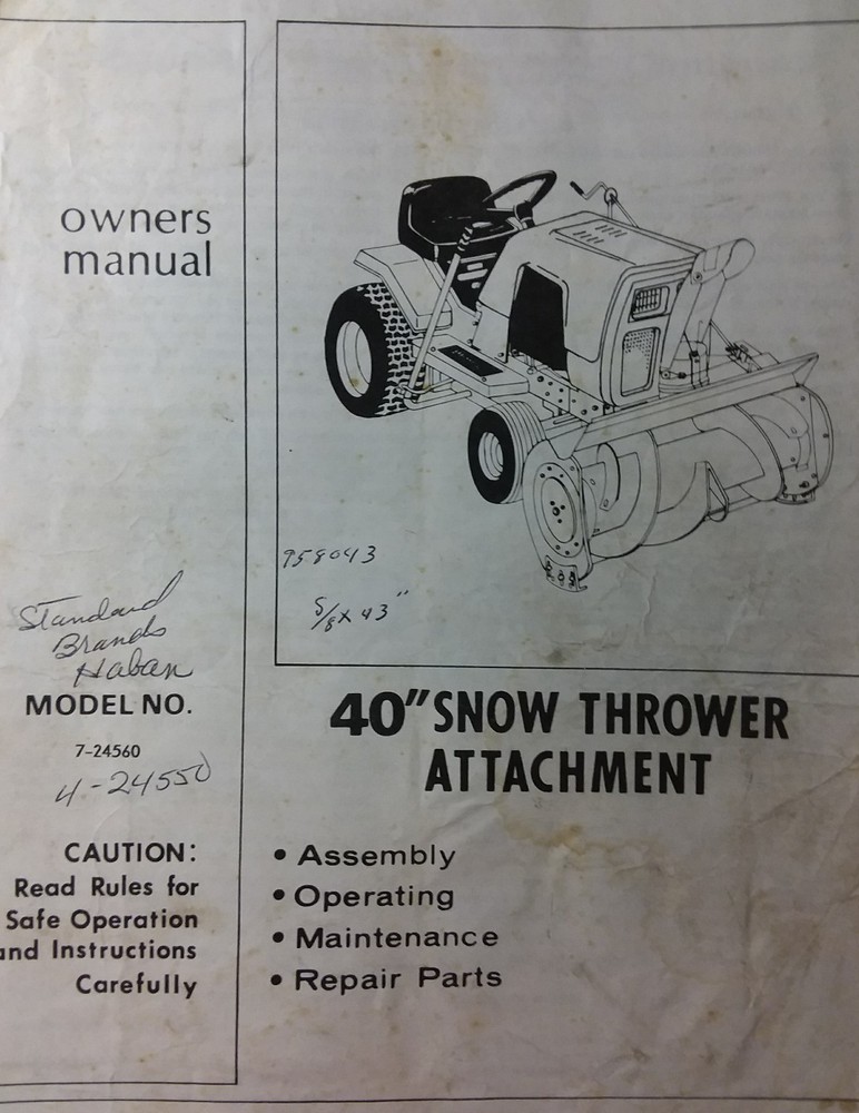 Haban 7-24560 Implement Lawn Garden Tractor 40 Snow Thrower Owner & Parts Manual