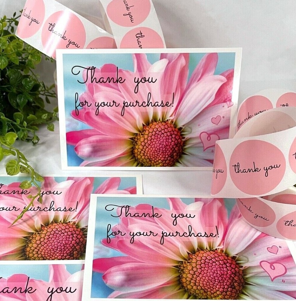 Thank You For Your Purchase Daisy Post Cards, Thank You Stickers, 25 Sets=50 pcs