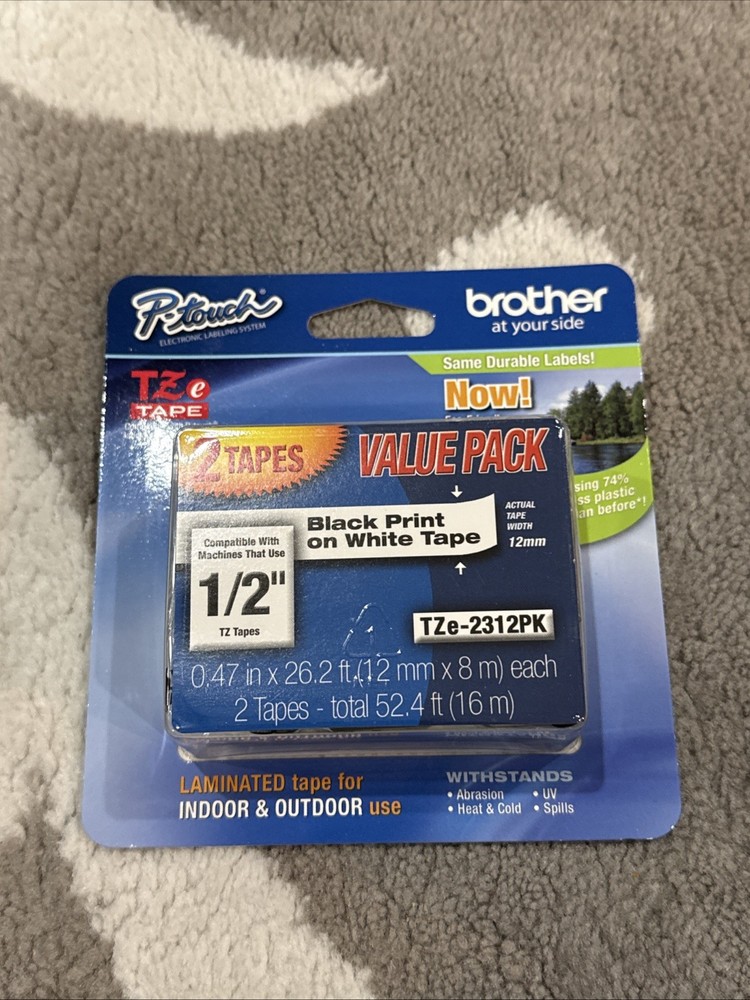 Brother TZe231 12mm (0.47″) Black on White Tape for P-Touch, 2 Pack #TZE-2312PK