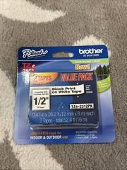 Brother TZe231 12mm (0.47″) Black on White Tape for P-Touch, 2 Pack #TZE-2312PK