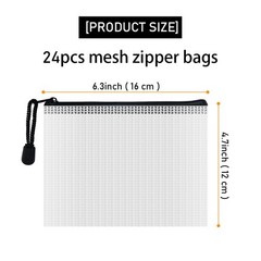 24 PCS Plastic Mesh Zipper Pouch Storage Bag Waterproof School Office Travel