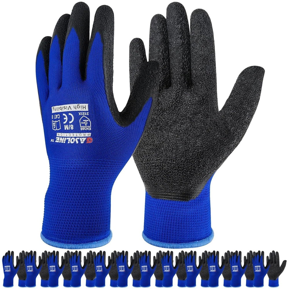 Gasoline 13Gauge Polyester Latex Crinkle Palm Dipped Blue Gloves / 12Pairs