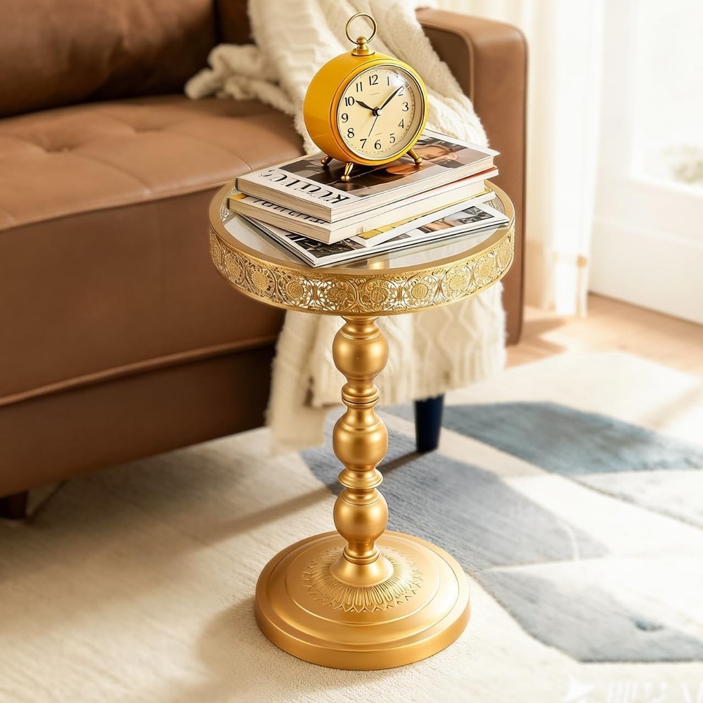 -Golden Tempered Glass Metal Coffee Table Creative Side Corner