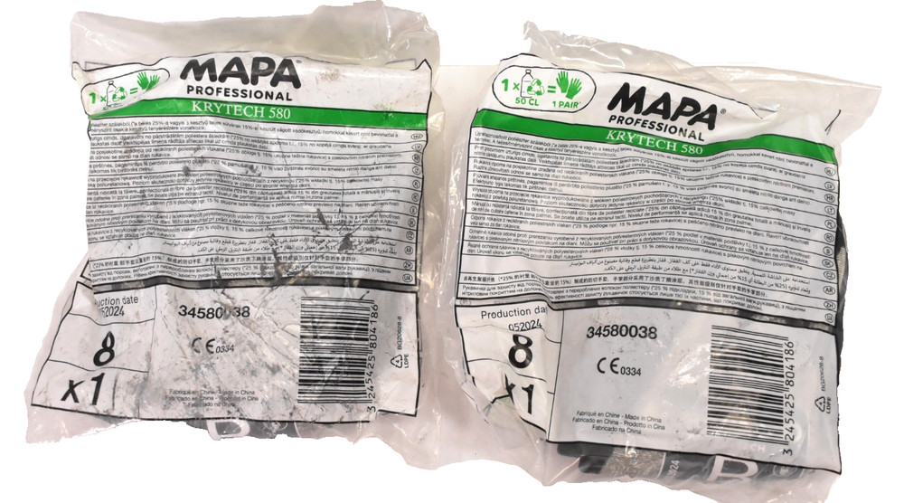 Lot of 2 MAPA Professional Krytech 580 Cut Resistant Gloves Size 8 Safety Work