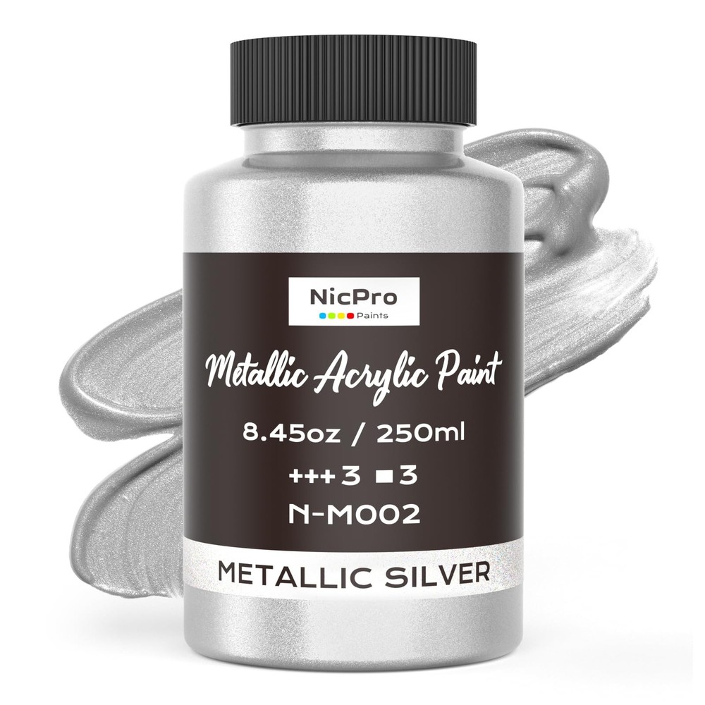 Metallic Silver Acrylic Paint, 8.45oz/250ml Silver Leaf Paint, Non Toxic Fading