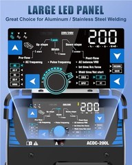 AZZUNO Aluminum TIG Welder AC/DC 200Amp with Pulse, HF/COLD/TIG/Stick 110V/220V