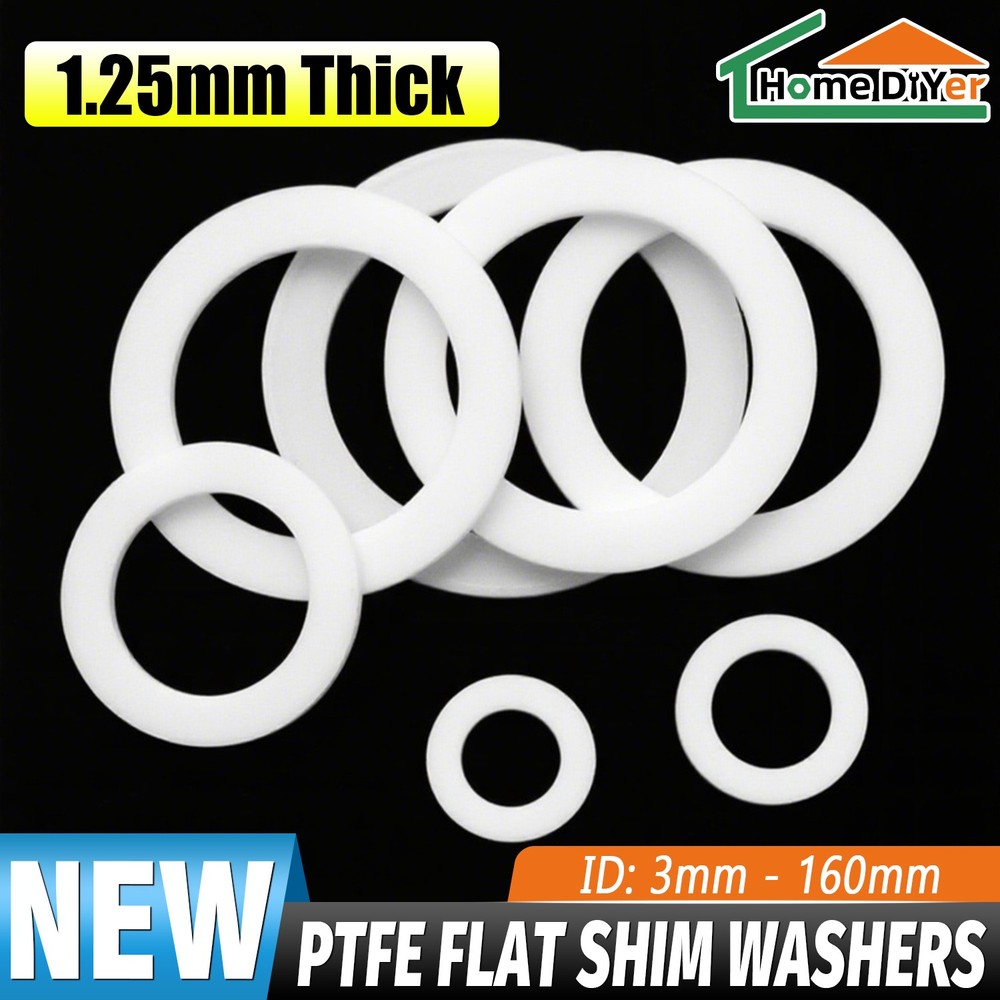 PTFE Round Flat Shim Washers ID 3-160mm x Thick 1.25mm Flange Sealing Gasket