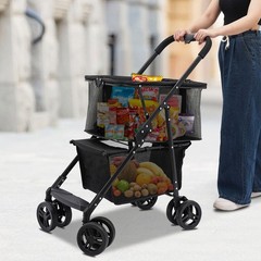 Oxford Cloth Foldable Shopping Cart 50kg Capacity Detachable Mesh Bag Black