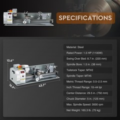 9×30″ Mini Metal Lathe 1100W DC Motor 3-Jaw Chuck LCD Display Metalworking