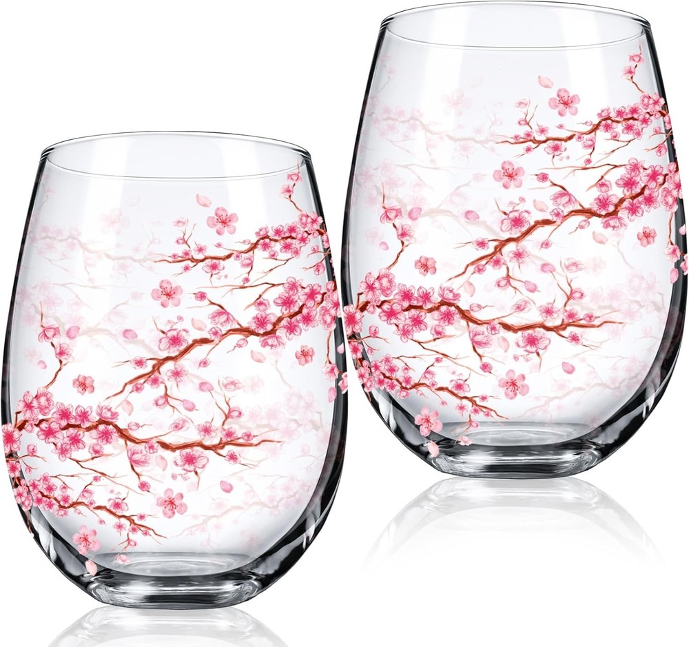 2 Pack 17oz Cherry Blossom Stemless Wine Glasses Floral Drinking Glasses Cherry
