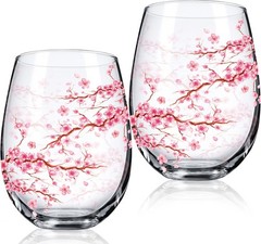 2 Pack 17oz Cherry Blossom Stemless Wine Glasses Floral Drinking Glasses Cherry