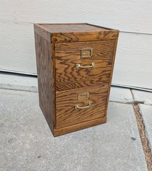 Vintage Industrial Mission Style Oak Wood Filing File Cabinet 2 Drawer Brass K35