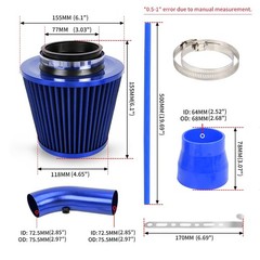 3” Cold Air Intake Kit Aluminum Automotive Cold Air Intake Pipe Filter Induc…