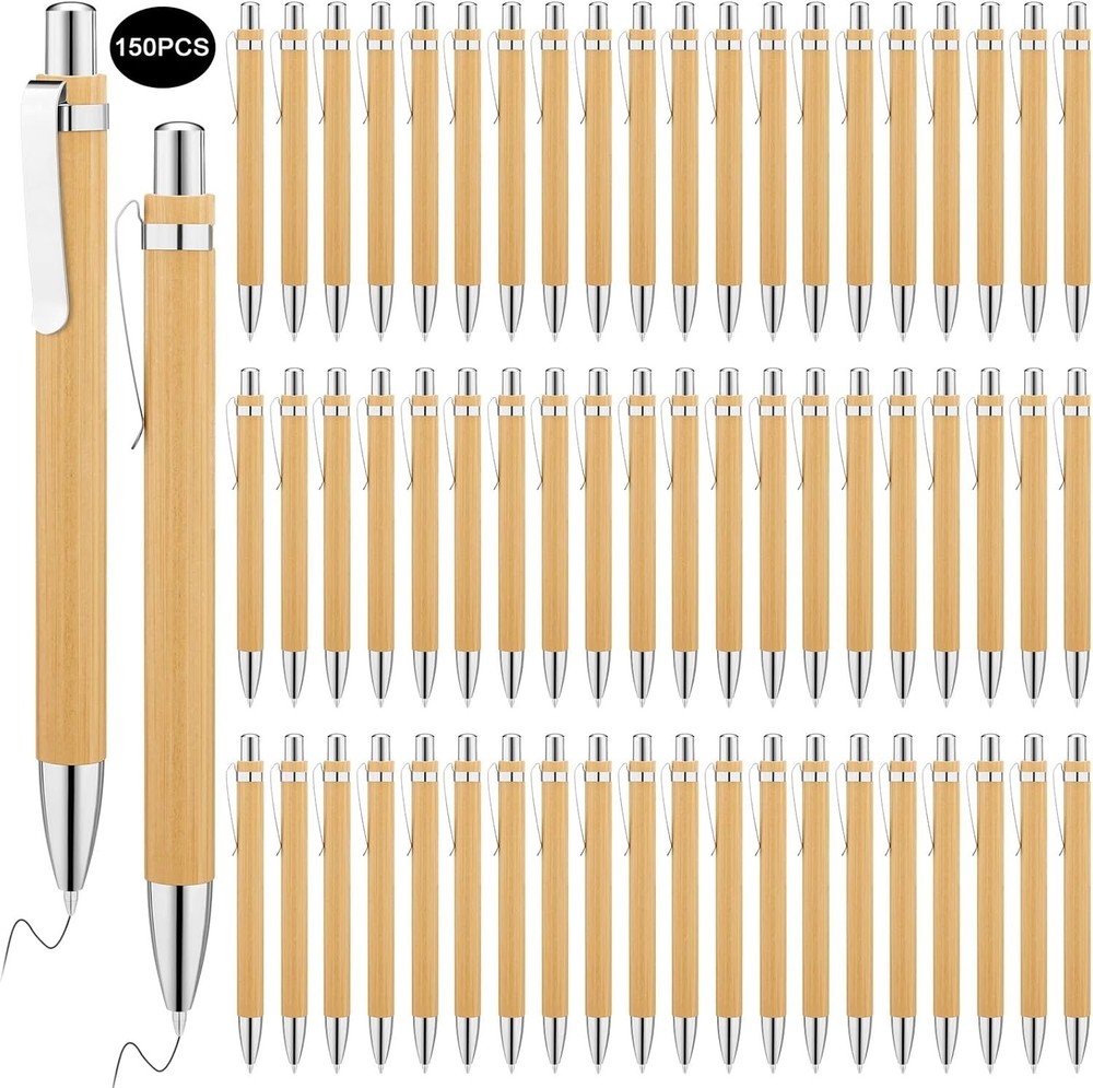 150pcs Bamboo Ballpoint Pens Bulk Wooden Retractable Black Ink 1mm Writing USA