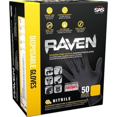 SAS Safety, Raven Gloves 50 Packs 7Mil PF Exam Textured, Size L, Color Black,