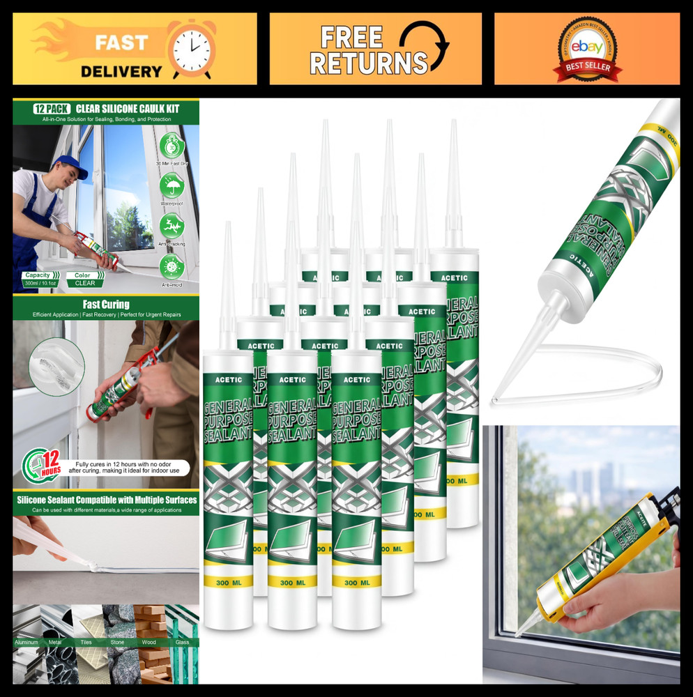 12 Pack Clear Silicone Caulk 10.1 oz – Waterproof Adhesive for Home, RV, Auto, B