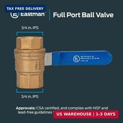Eastman 3/4 Inch IPS Heavy Duty Full Port Ball Valve, Brass Plumbing Fitting, 20