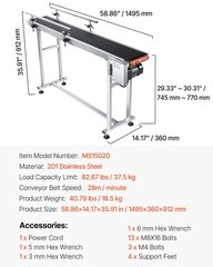 VEVOR Belt Conveyor PVC Stainless Steel Belt Conveyor 59″x7.8″ Double Guardrail