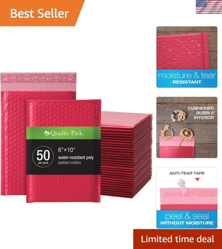Pack of 50 Water-Resistant Red Poly Bubble Mailers, 6 x 9 Self-Sealing Envelopes