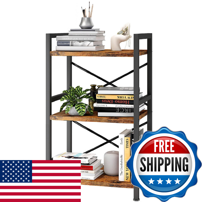Homeiju Bookshelf 3 Tier Industrial Bookcase Metal Small Bookcase Rustic