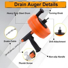Drain Auger 50FT, Drain Snake with Drill Adapter, Plumbing Snake Clog Remover