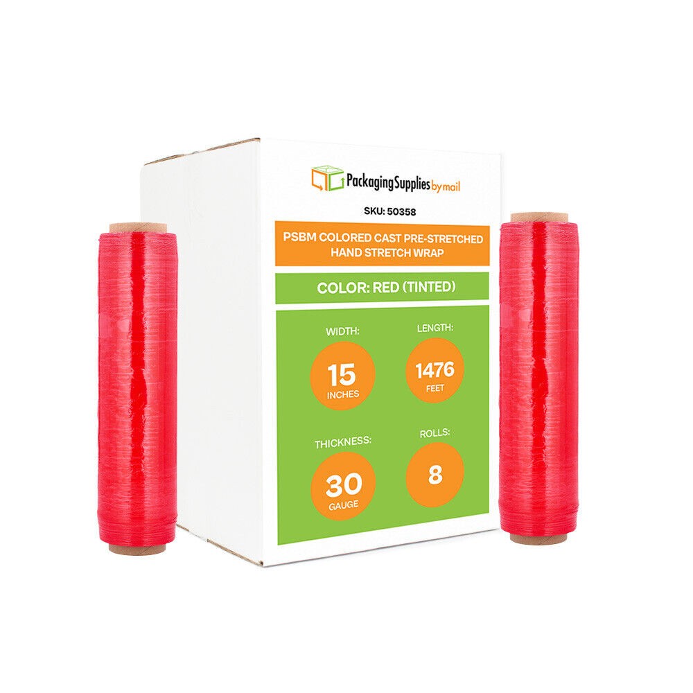8 Rolls Red 15″x1476′ Pre Stretch Hand Packing and Moving Shrink Wrap Film 30 Ga