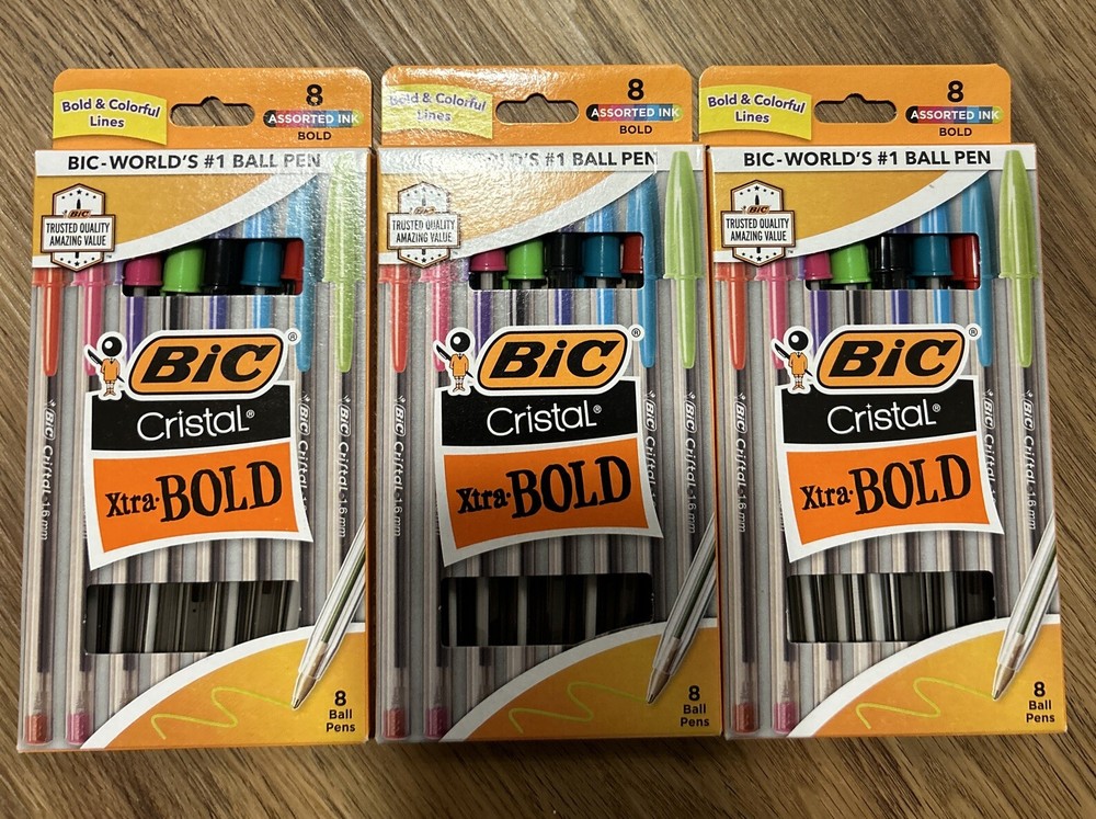 3x BIC Color Cue Ball Pens, Medium Point, Assorted Colors, Total 24